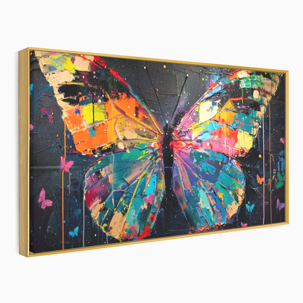 Tablou canvas cu tablou canvas cu fluture multicolor, in rama de aluminiu auriu